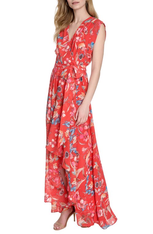ELIZA J ELIZA J FLORAL SURPLICE NECK SLEEVELESS HIGH-LOW DRESS