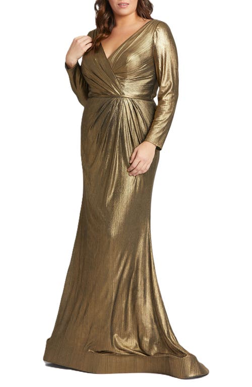 Mac Duggal Faux Wrap Metallic Evening Gown In Brown