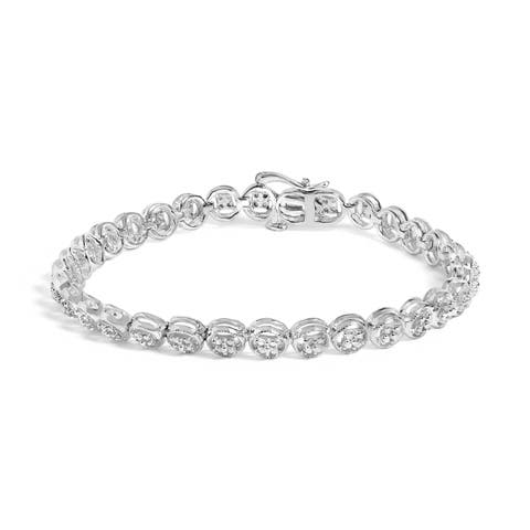 Silver 1/10 Cttw Diamond Open Circle Beaded Wheel Link Tennis Bracelet