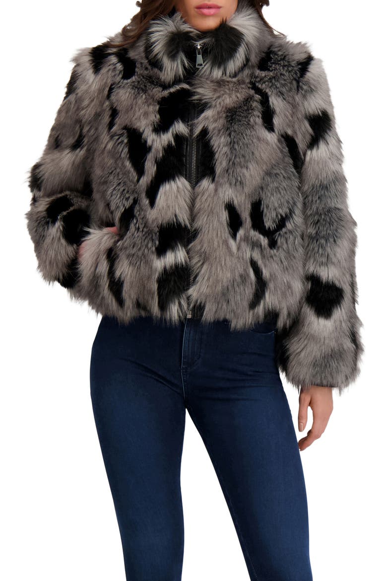 Fur-Free Fox (Faux Fur) Jacket, Stand Collar, Alternate, color, BLACK/GRAY