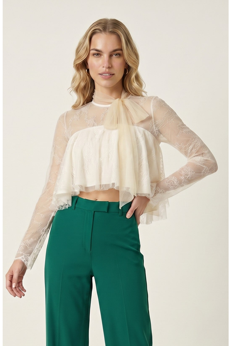 Lace Overlay Crop Top, Main, color, Beige