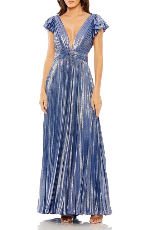 Ruffle Sleeve Cutout Pleated Metallic Gown