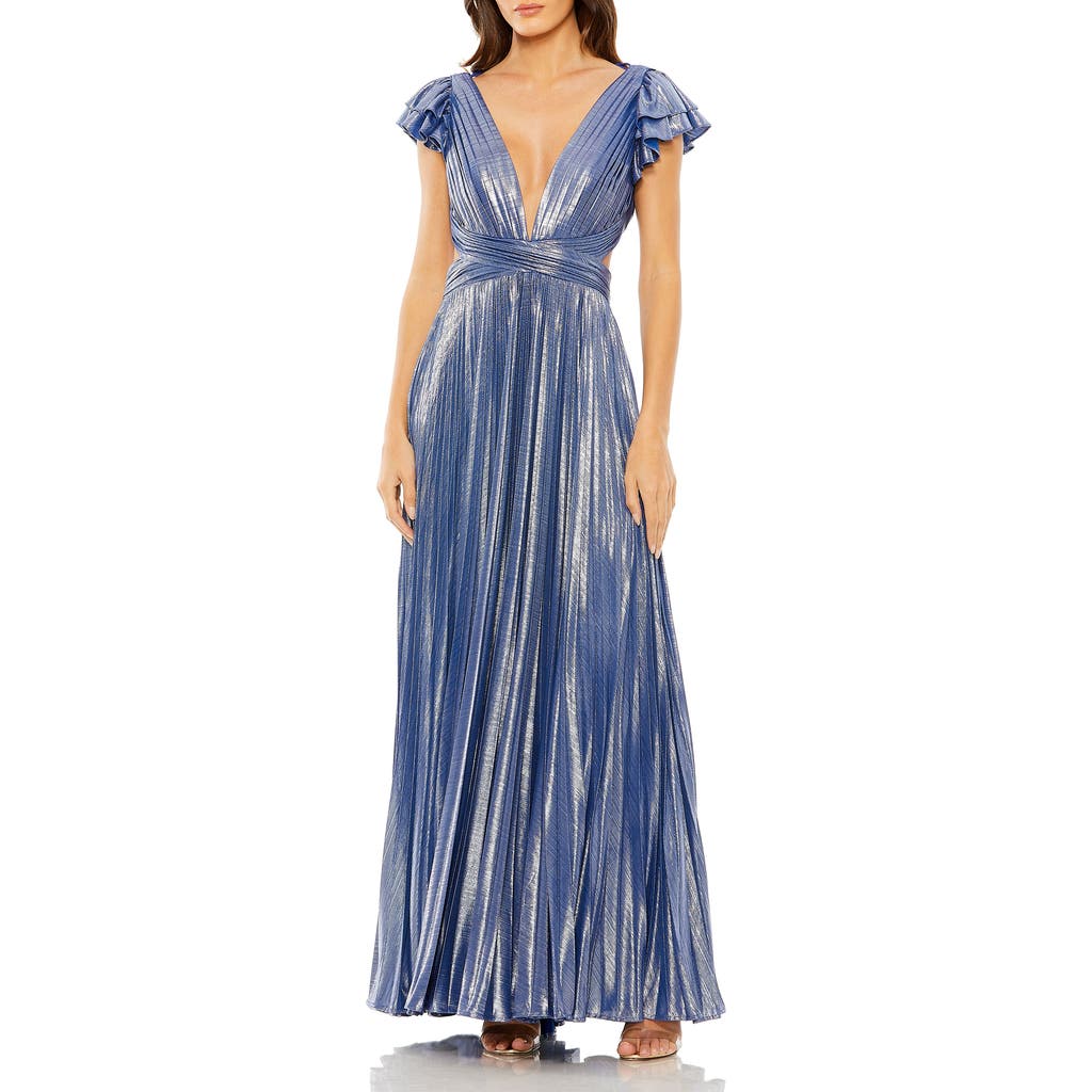 Mac Duggal Structured Ball Gown With Square Neck And Cap Sleeves In Blue