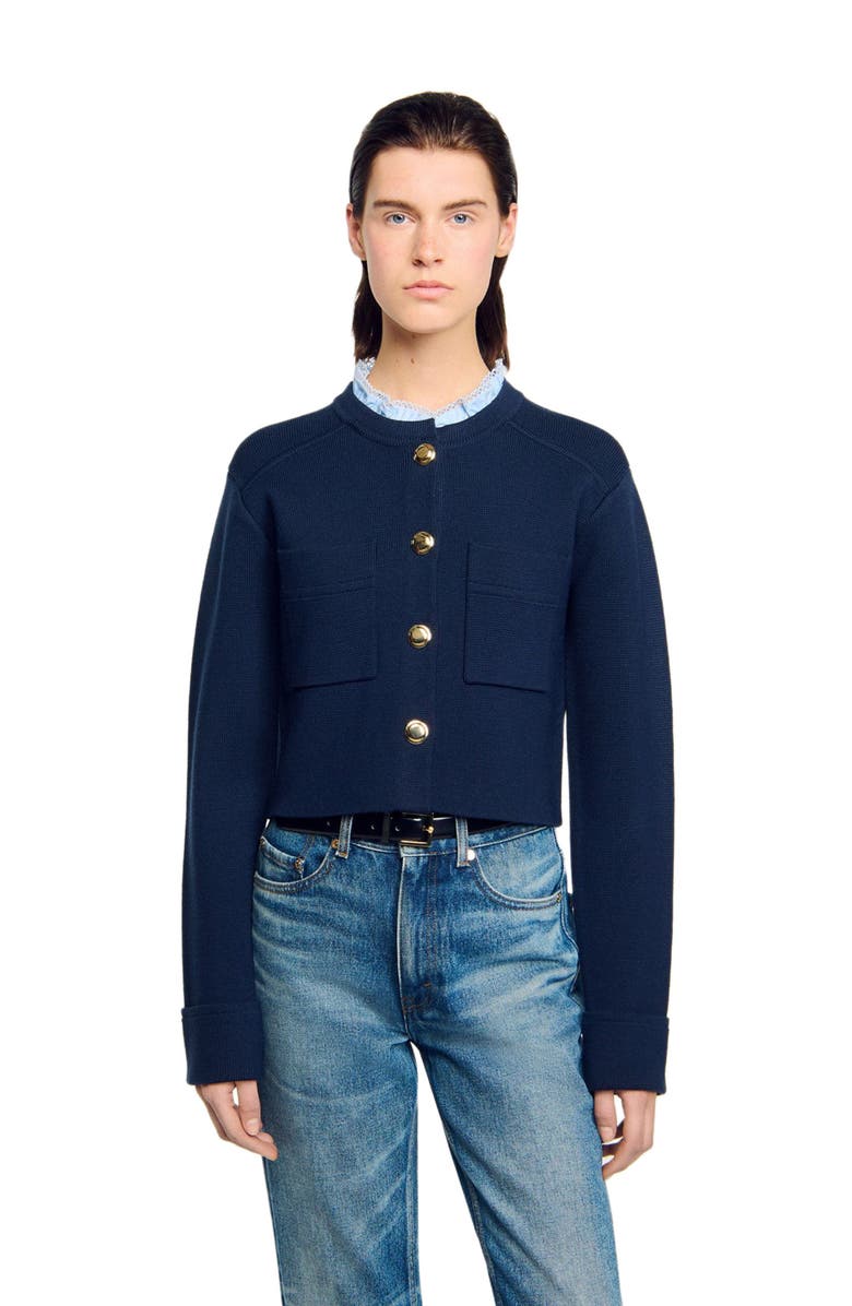 SANDRO Cardigan with detachable ruffle collar, Alternate, color, Navy Blue