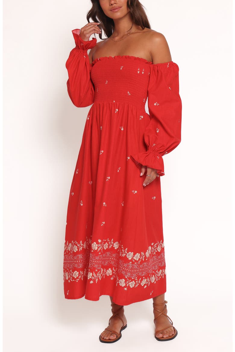 Domenica Smocked Off the Shoulder Linen & Cotton Midi Dress, Alternate, color, RED FLORAL BANDANA