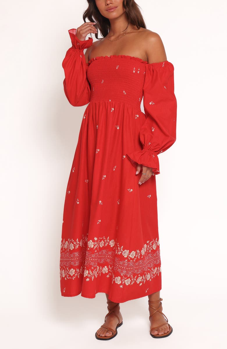 Petal & Pup Domenica Smocked Off the Shoulder Linen & Cotton Midi Dress, Alternate, color, Red Floral Bandana