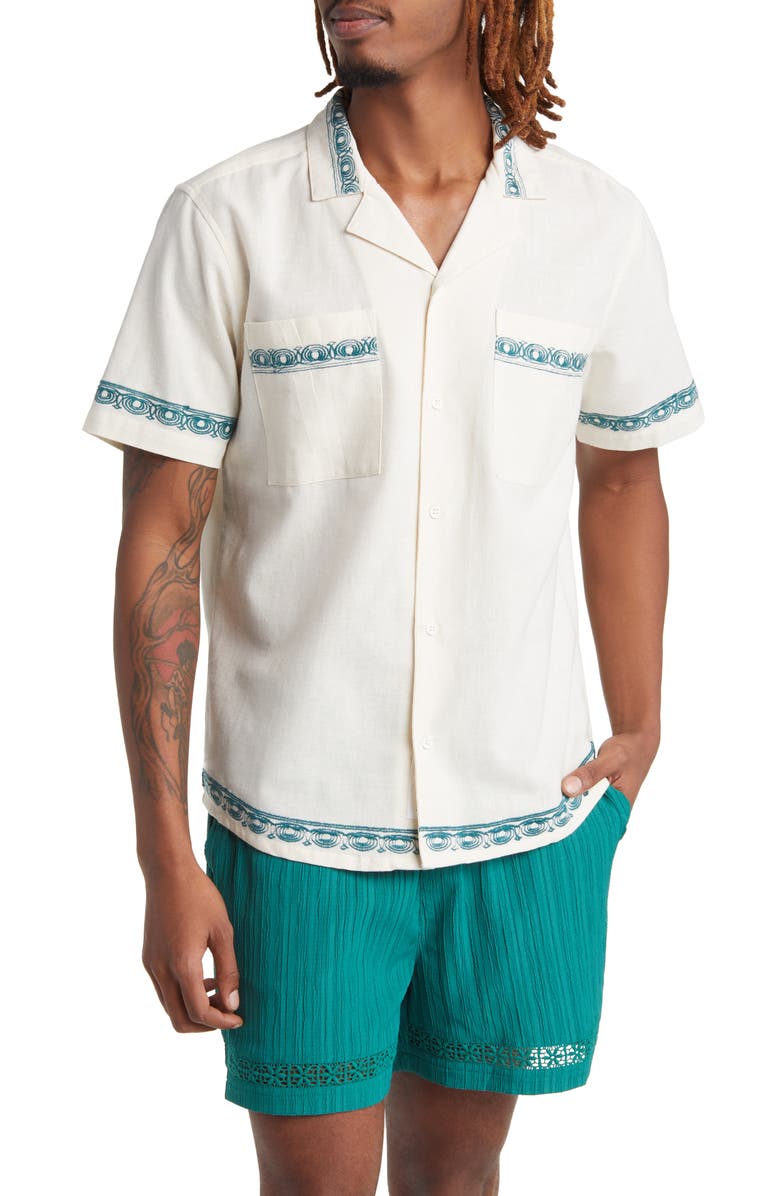 Native Youth Embroidered Short Sleeve Cotton & Linen Button-Up Shirt, Main, color, 