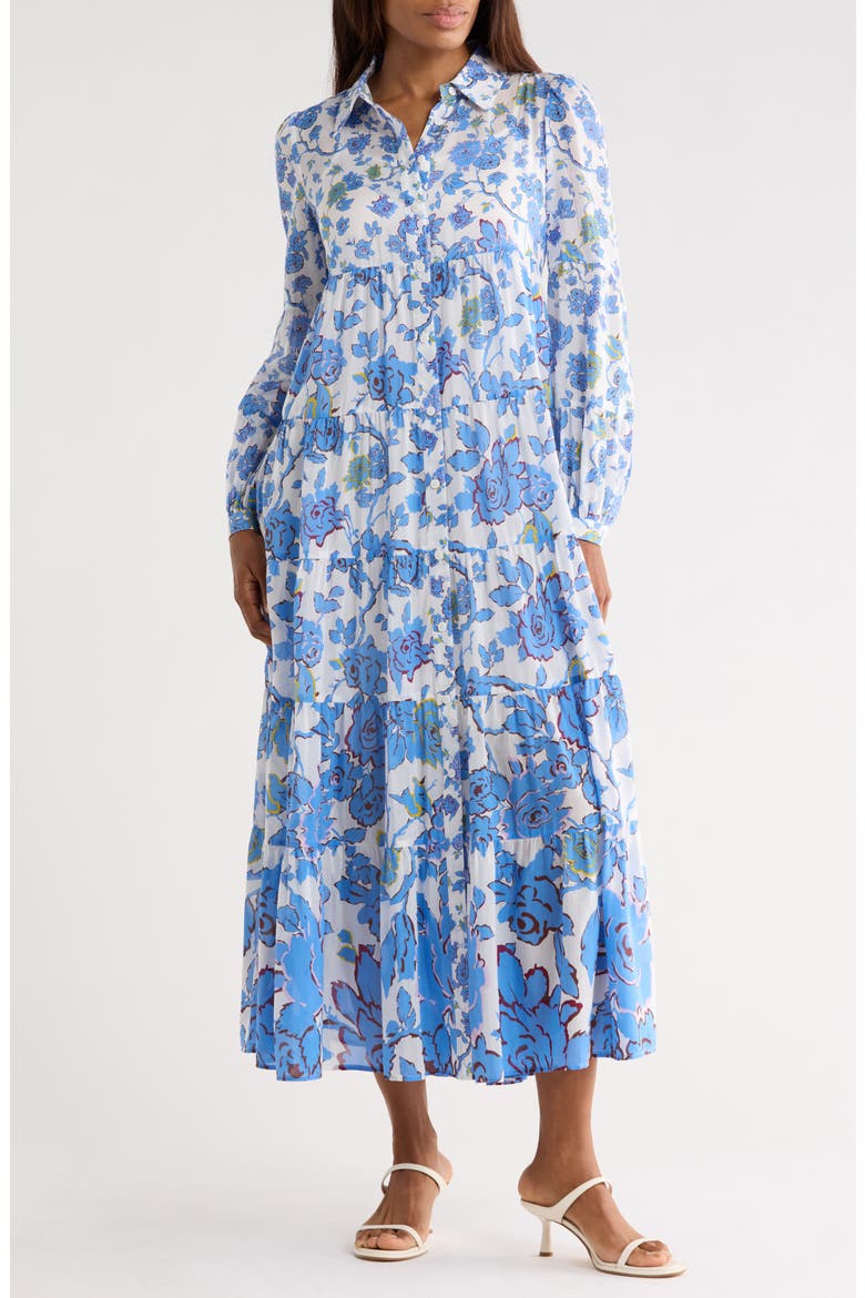Kiara Floral Long Sleeve Tiered Shirtdress, Main, color, CHINA VINE DEGRADE