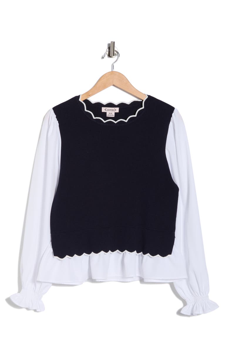 Nanette Lepore Scallop Trim Twofer Sweater, Alternate, color, Nanette Navy/ White