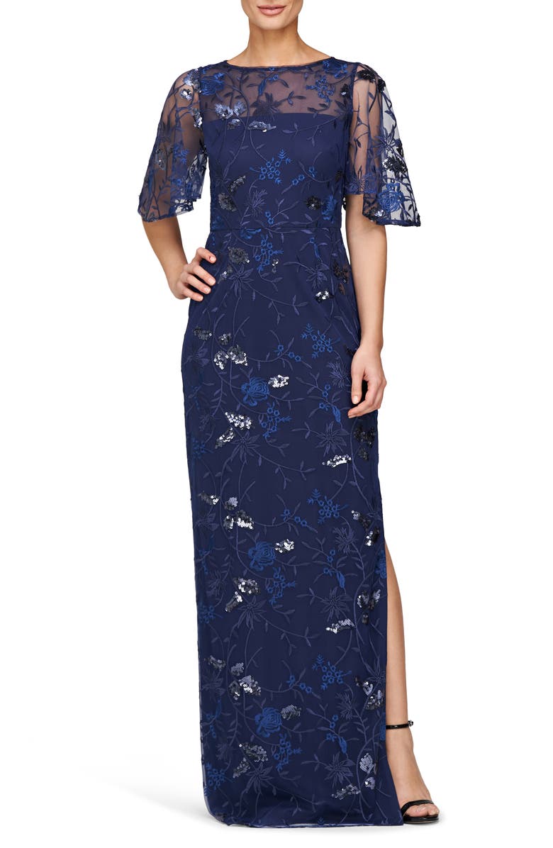JS Collections Daphne Embroidered Sequin Column Gown, Main, color, Sapphire Navy