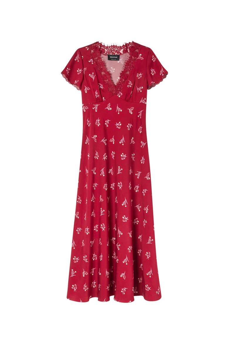 Floral V-Neck Midi Dress, Alternate, color, Burgundy/Multi