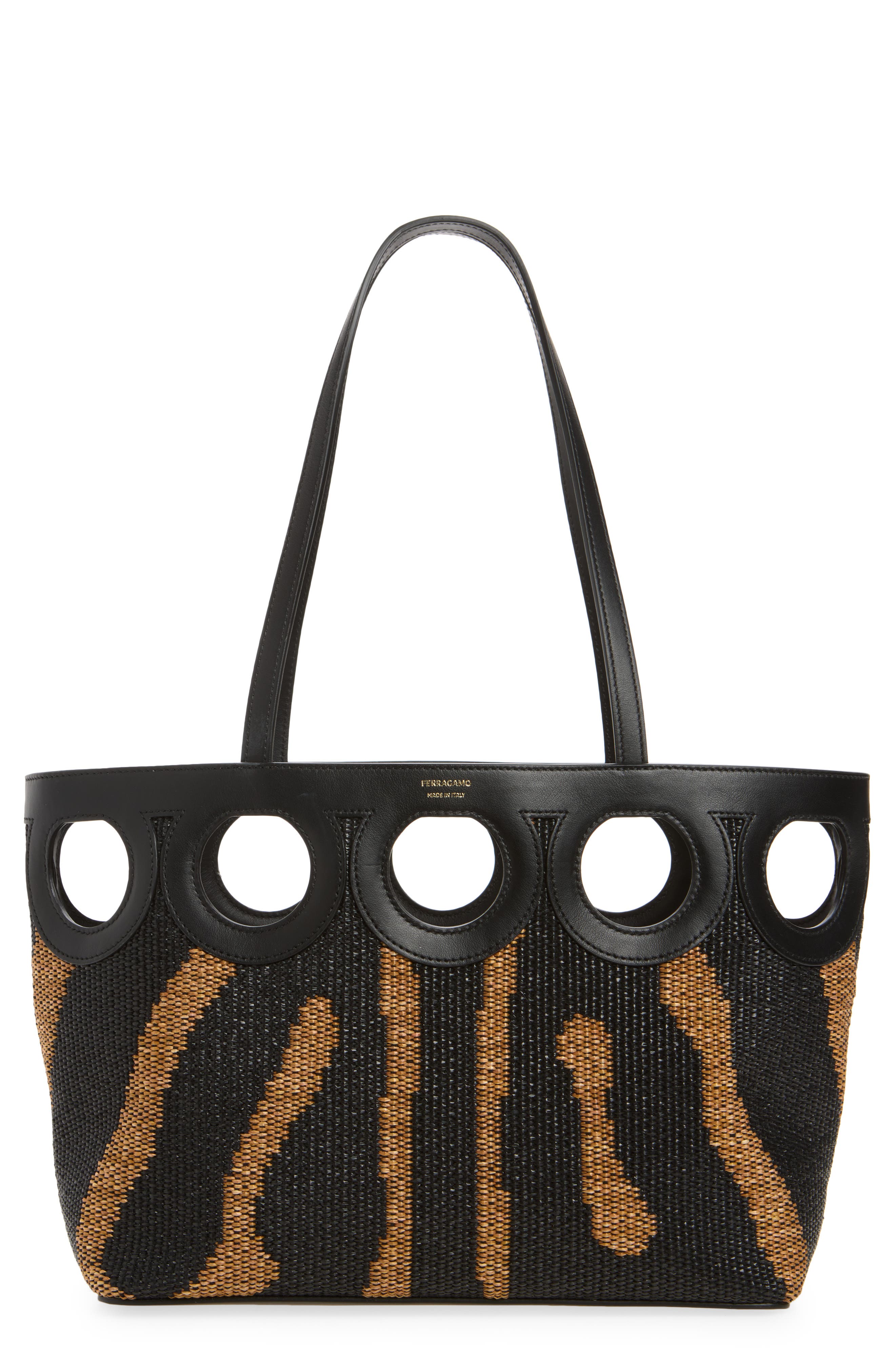 Small Gancini Outline Woven Raffia & Leather Tote, Main, color, NERO/ NATURALE