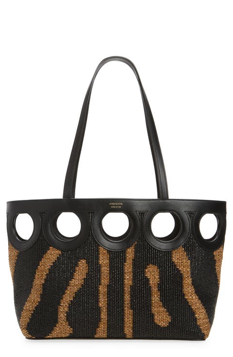 Small Gancini Outline Woven Raffia & Leather Tote