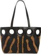FERRAGAMO Small Gancini Outline Woven Raffia & Leather Tote