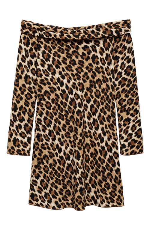 Mango Stark Leopard Print Off The Shoulder Long Sleeve Dress