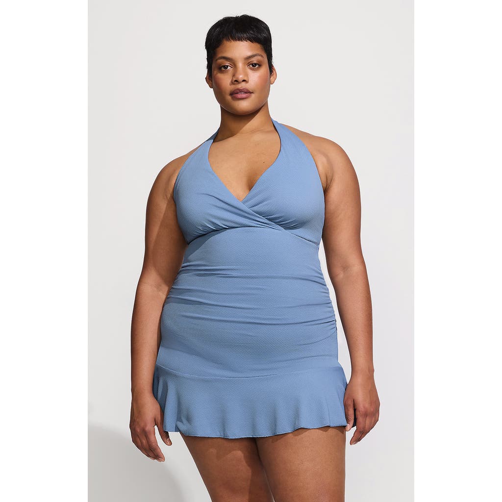 Lands' End Pique Halter Ruffle Hem Mini Swim Dress Swimsuit In Dusk Sky