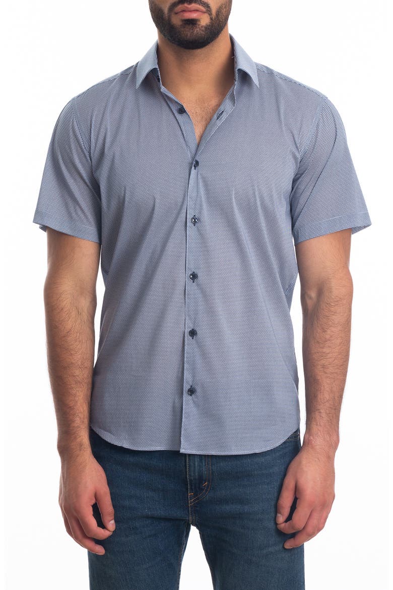 Trim Fit Short Sleeve Cotton Button-Up Shirt, Main, color, NAVY PRINT
