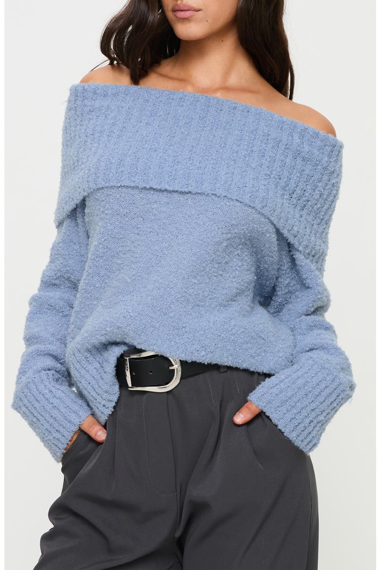 Parkley Off the Shoulder Bouclé Sweater, Main, color, BLUE