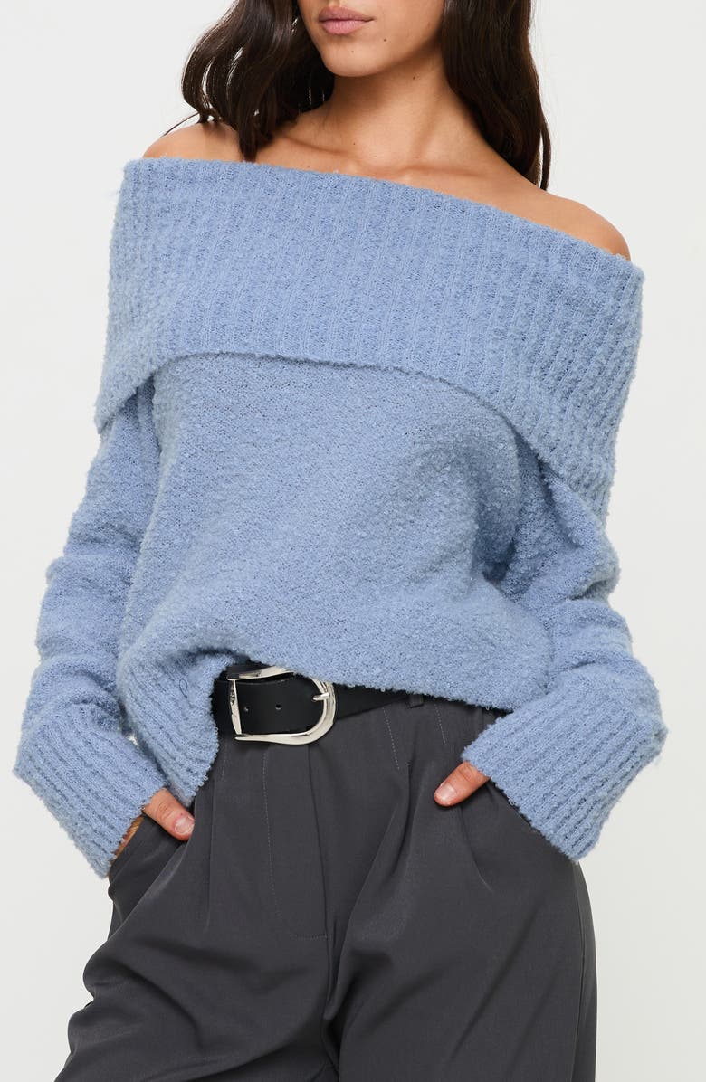 Princess Polly Parkley Off the Shoulder Bouclé Sweater, Main, color, Blue