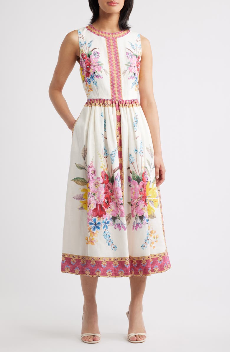 Elie Tahari The Scarlette Print Linen Blend Midi Dress, Main, color, Tiara Garden Print