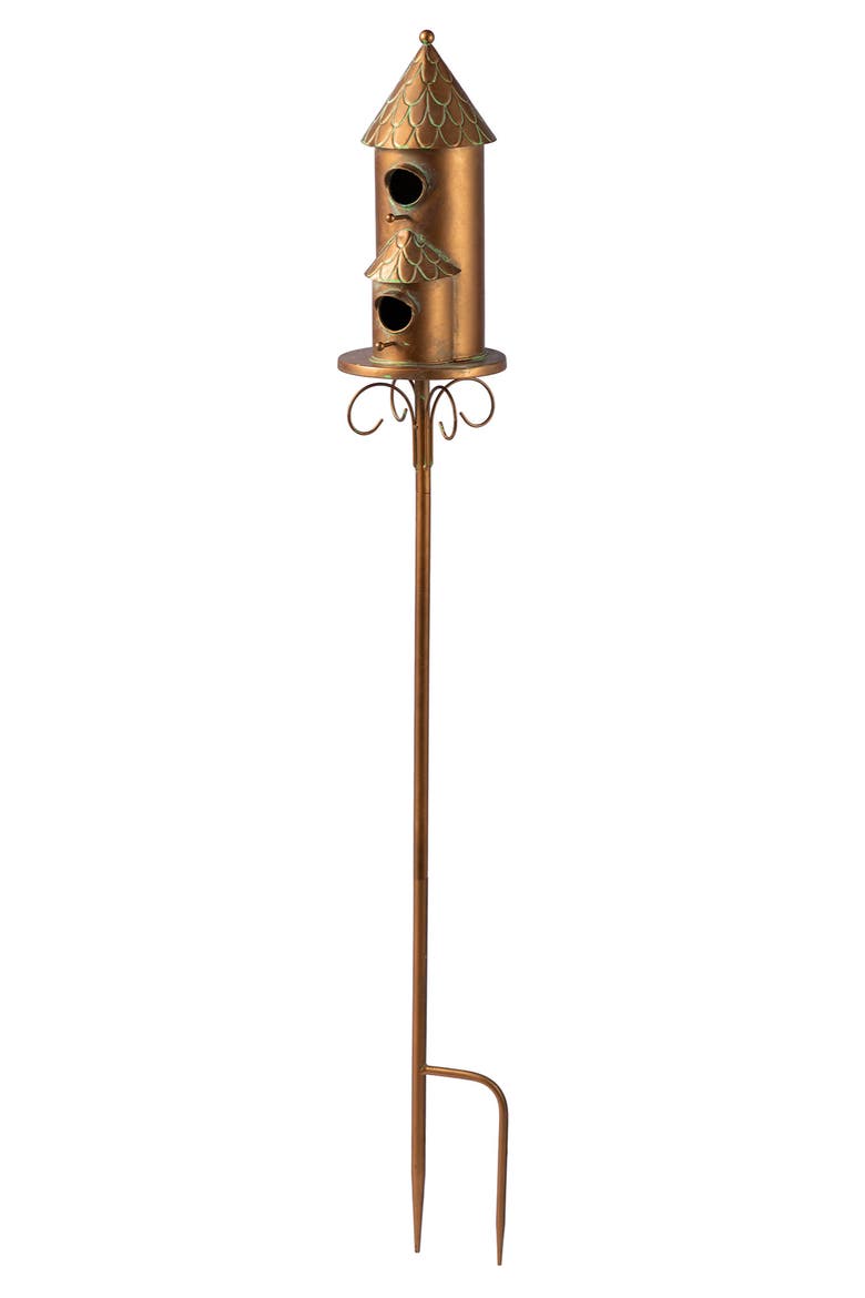 Farmhouse Faux Copper 2-Tiered Metal Decorative Garden Birdhouse with Stake, Alternate, color, Copper