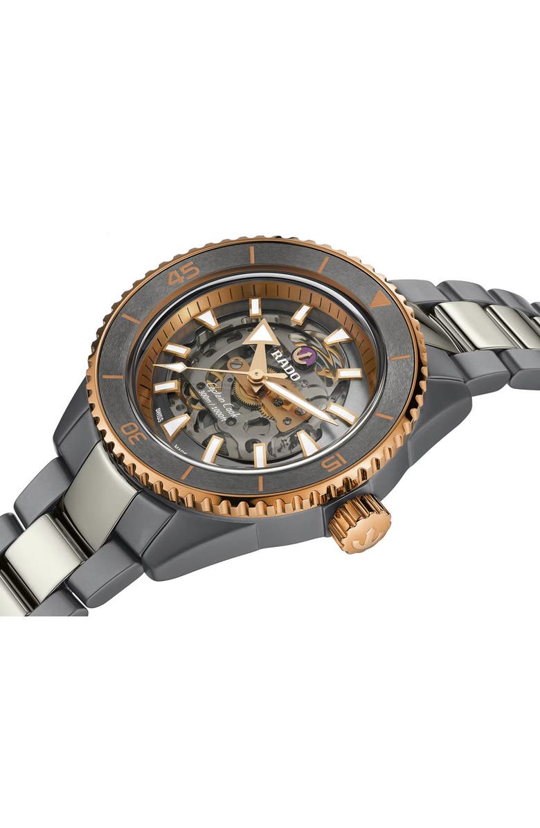 RADO Captain Cook High Tech Ceramic Skeleton Bracelet Watch, 43mm, Alternate, color, Grey