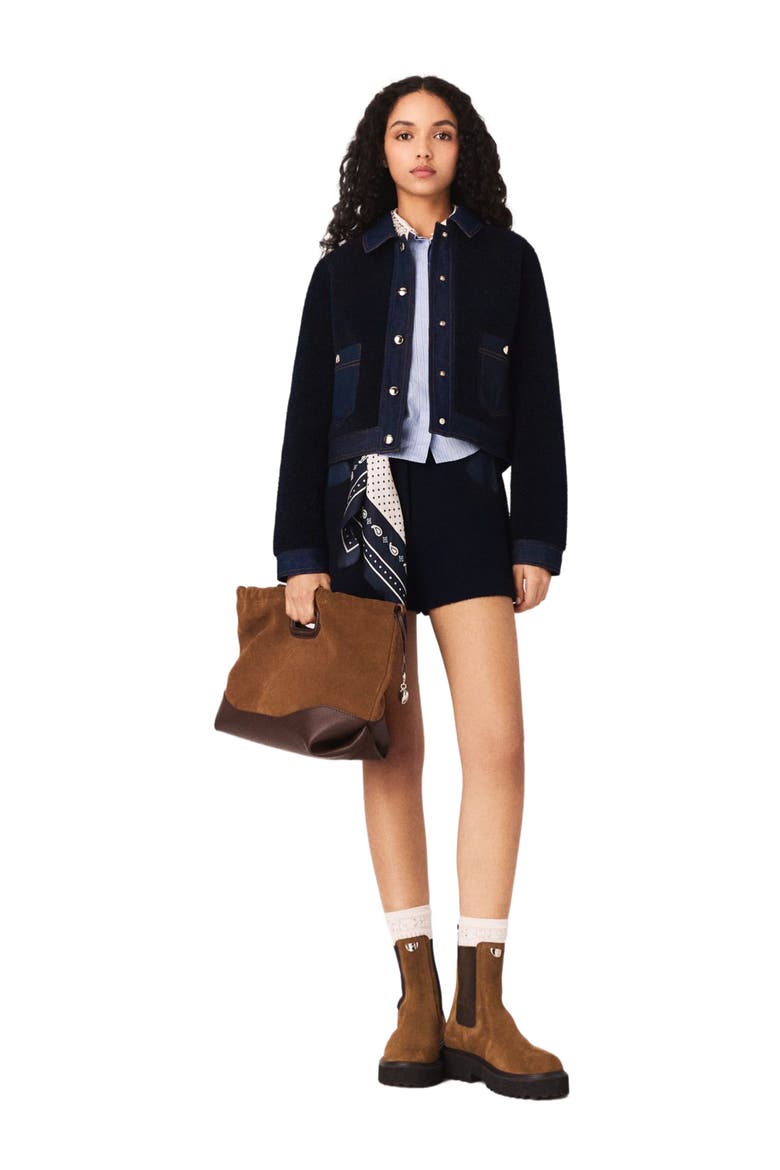 Bouclé and denim-detail jacket, Alternate, color, Navy