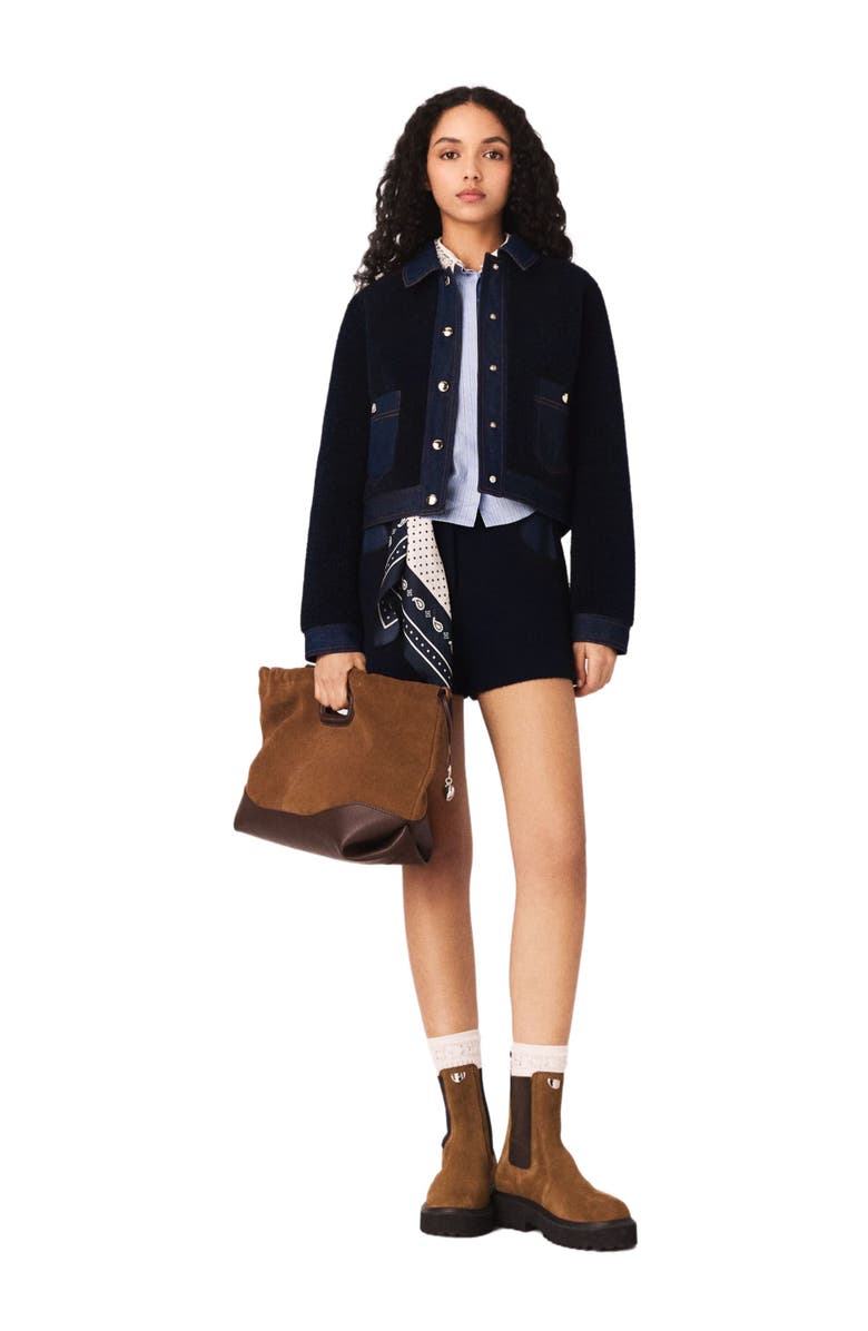 maje Bouclé and denim-detail jacket, Alternate, color, Navy