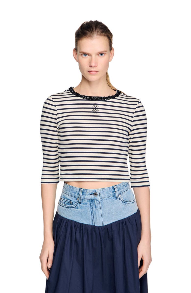 SANDRO Short striped tee with beaded collar, Alternate, color, Navy Blue