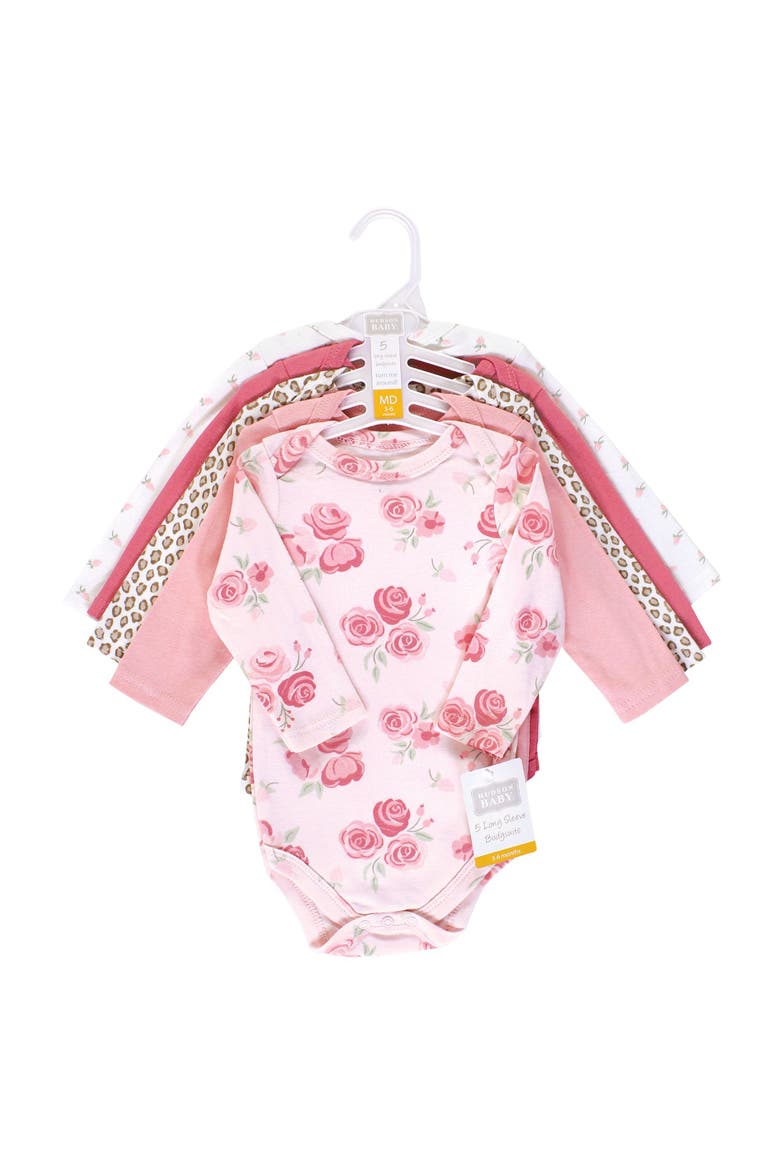 Soft Cotton Long-Sleeve Bodysuits, Alternate, color, Blush Rose Leopard 5-Pack