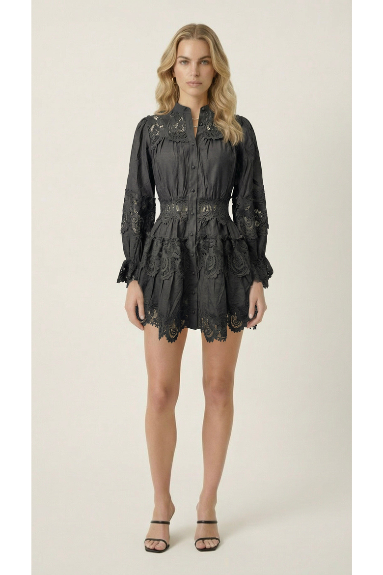 Lace Trim Button Front Mini Dress, Alternate, color, Charcoal Grey
