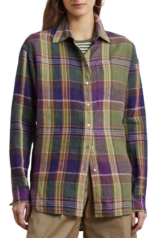 Shop Ralph Lauren Lauren  Plaid Relaxed Fit Linen Button-up Shirt In Purple/green Multi