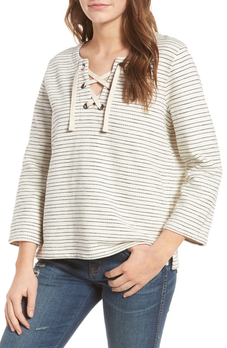 Madewell Stripe Lace-Up Top, Main, color, 