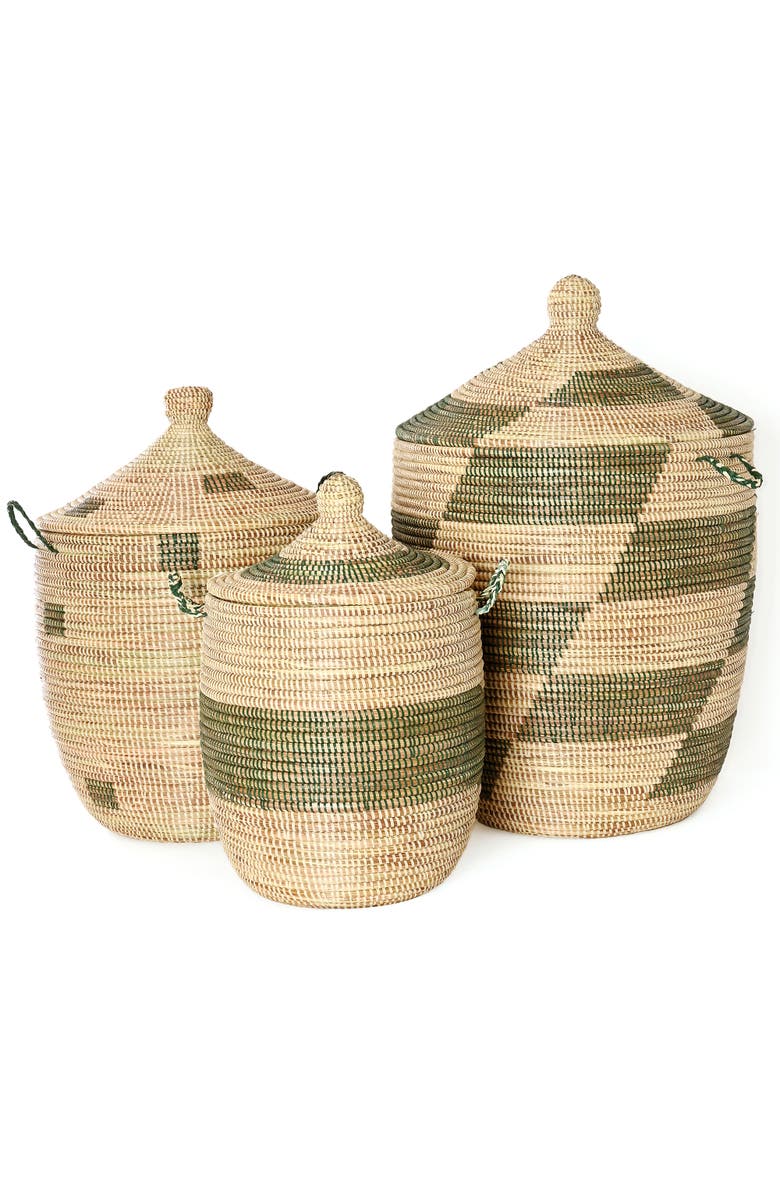 African Modern Set of Three Green and Cream Mixed Pattern Hampers, Main, color, Green And Cream