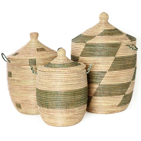 Set of Three Green and Cream Mixed Pattern Hampers