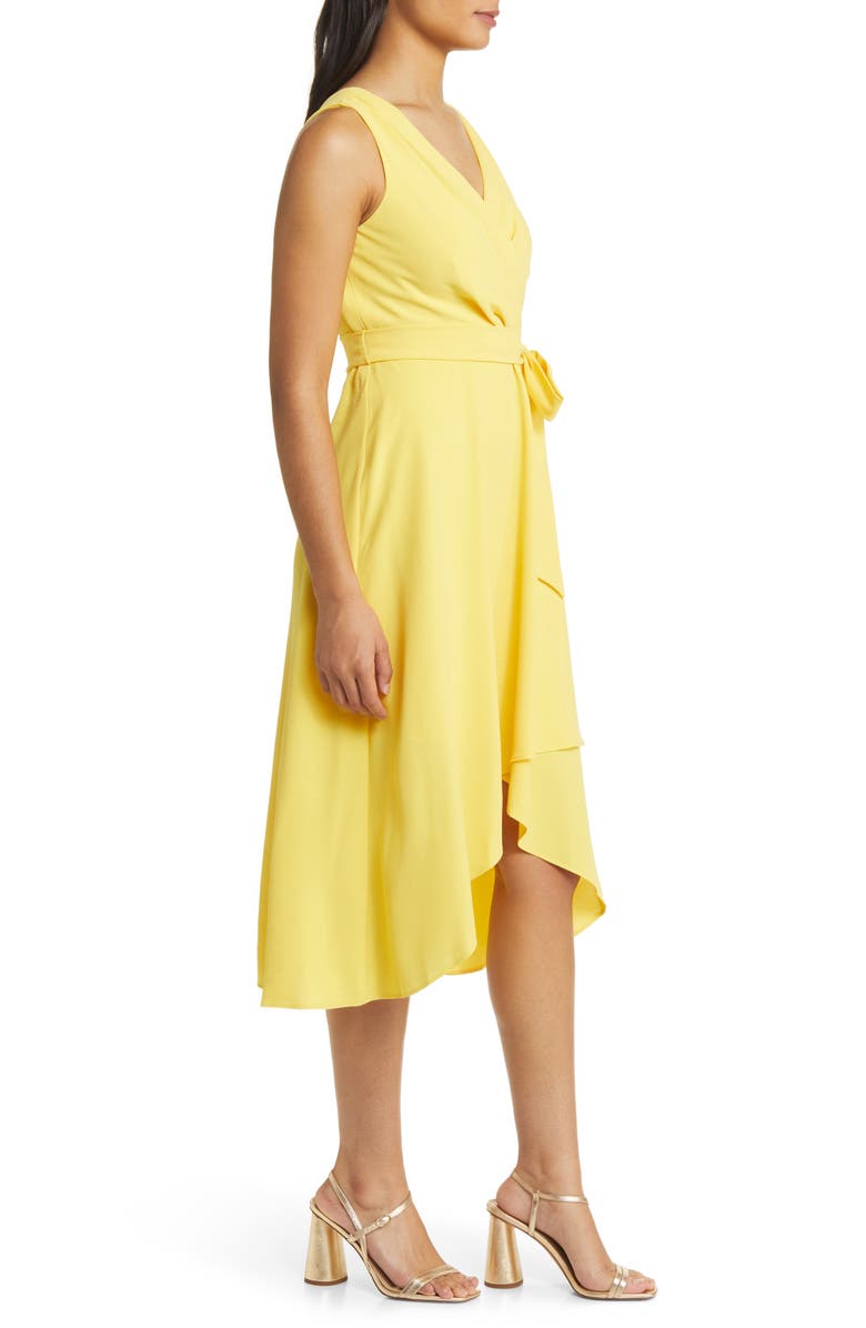 Connected Apparel Tie Belt Faux Wrap High-Low Dress, Alternate, color, Yellow