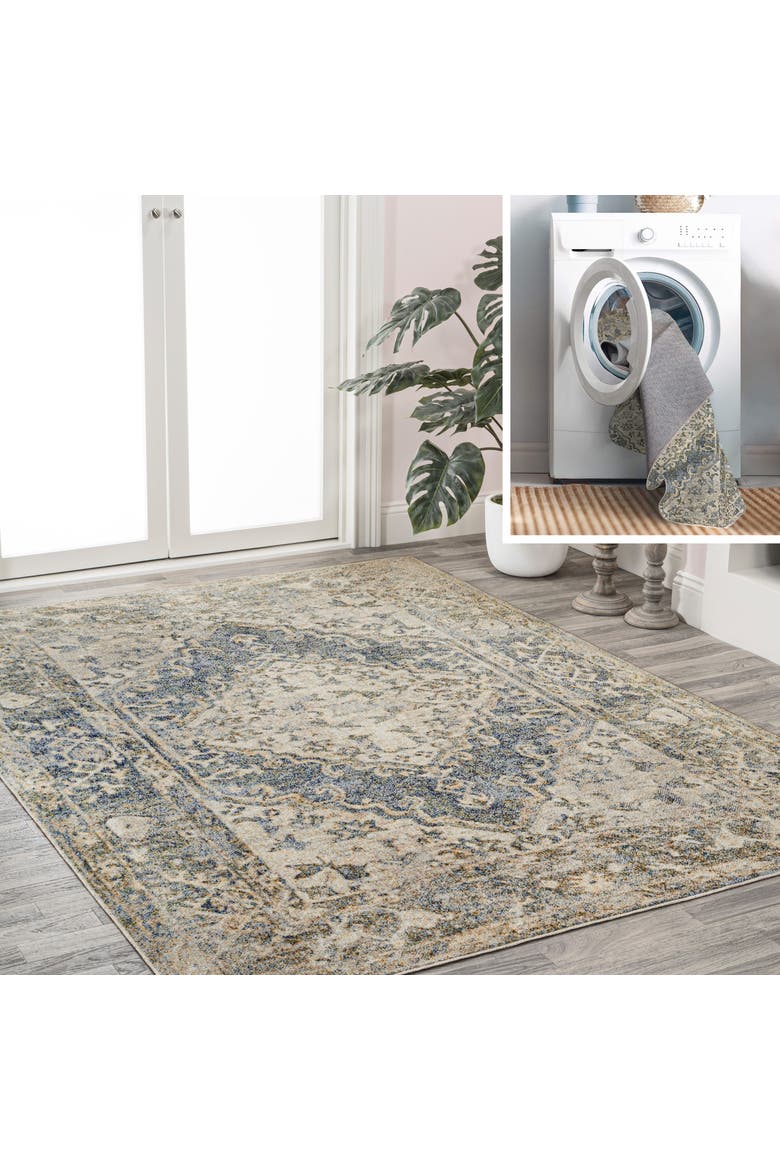 Pavel Distressed Medallion Low-Pile Machine-Washable Area Rug, Main, color, Blue/Cream