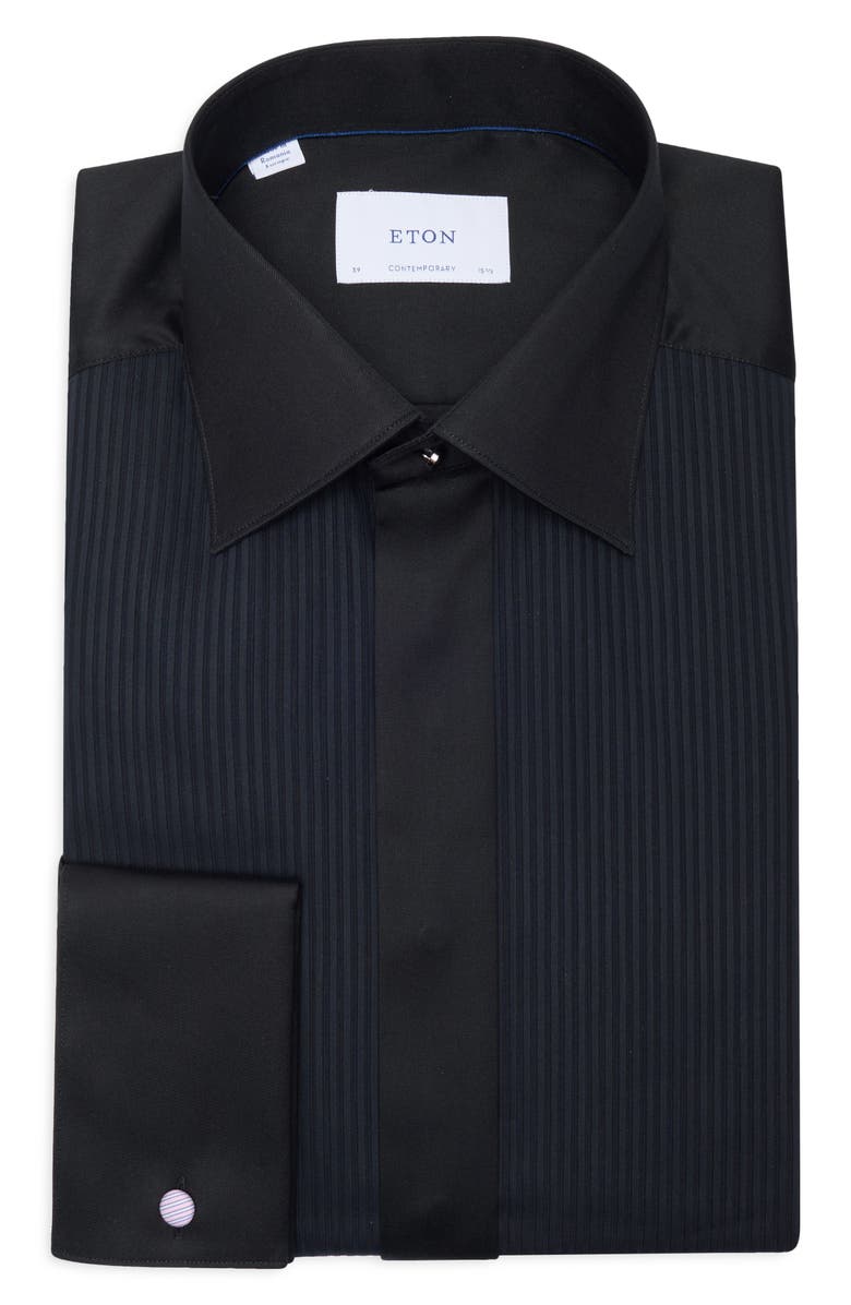 Eton Contemporary Fit Pleated Bib Front Dress Shirt, Main, color, Black