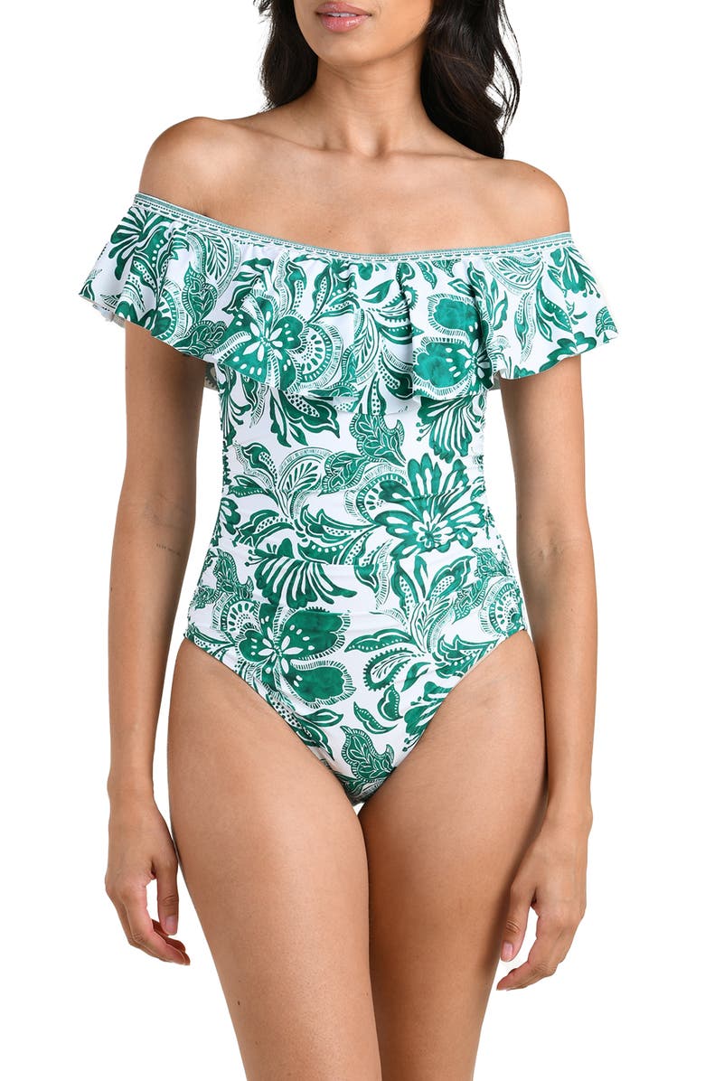 La Blanca Botanical Brocade Ruffle Off the Shoulder One-Piece Swimsuit, Main, color, Jungle