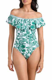 Botanical Brocade Ruffle Off the Shoulder One-Piece Swimsuit