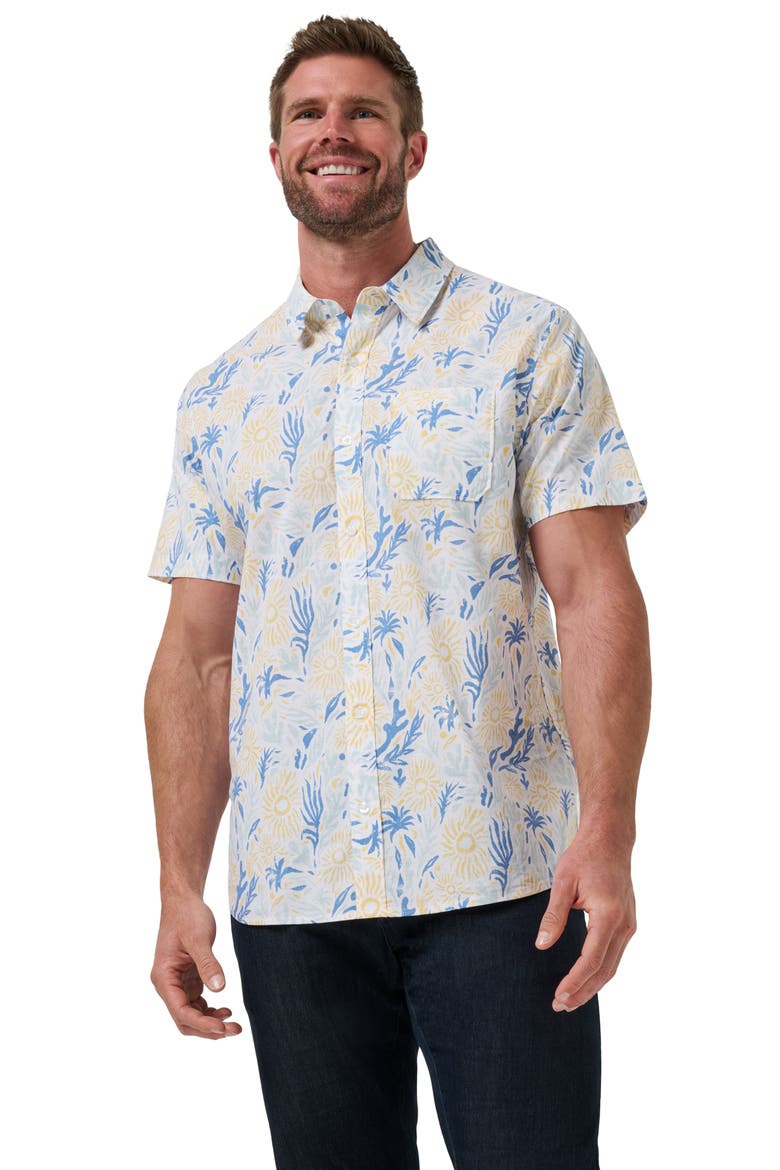 Souvenir City Short Sleeve Stretch Cotton Button-Up Shirt, Alternate, color, WHITE