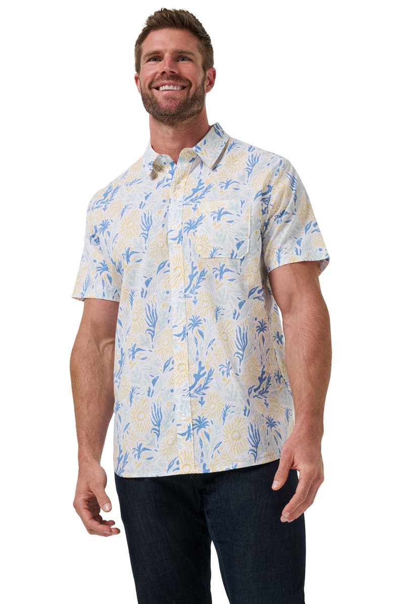 TravisMathew Red Souvenir City Short Sleeve Stretch Cotton Button-Up Shirt, Alternate, color, White