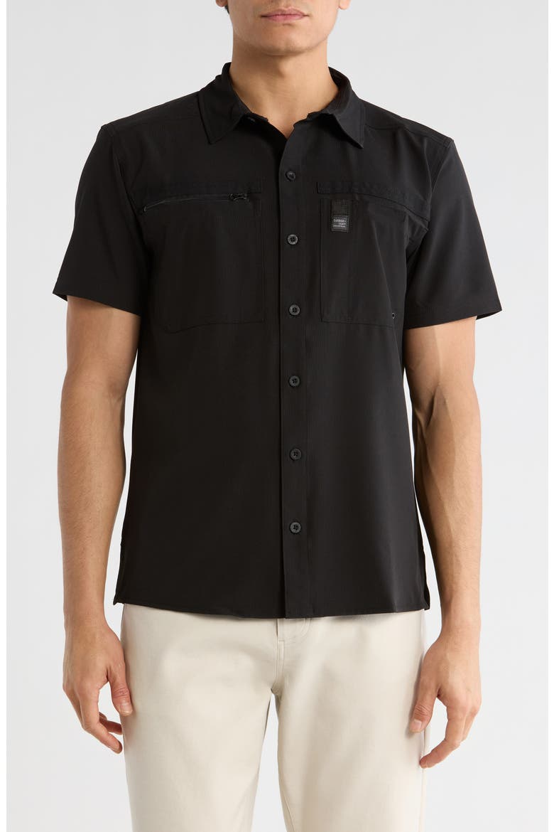 Water Resistant Technical Short Sleeve Button-Up Shirt, Main, color, BLACK