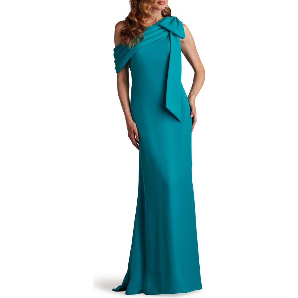 Tadashi Shoji One-shoulder Crepe Column Gown In Dusty Teal