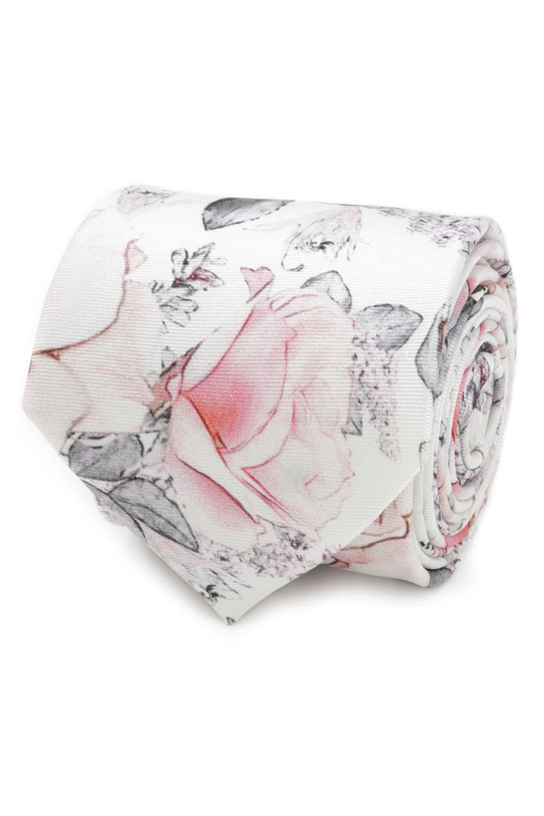 Painted Floral Silk Tie, Main, color, GREY