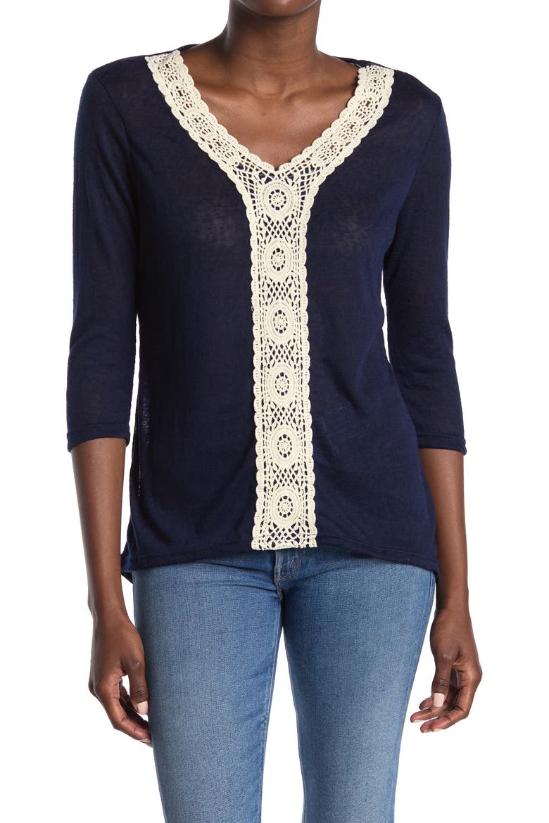 Crochet Lace Trim Tunic, Main, color, NAVY