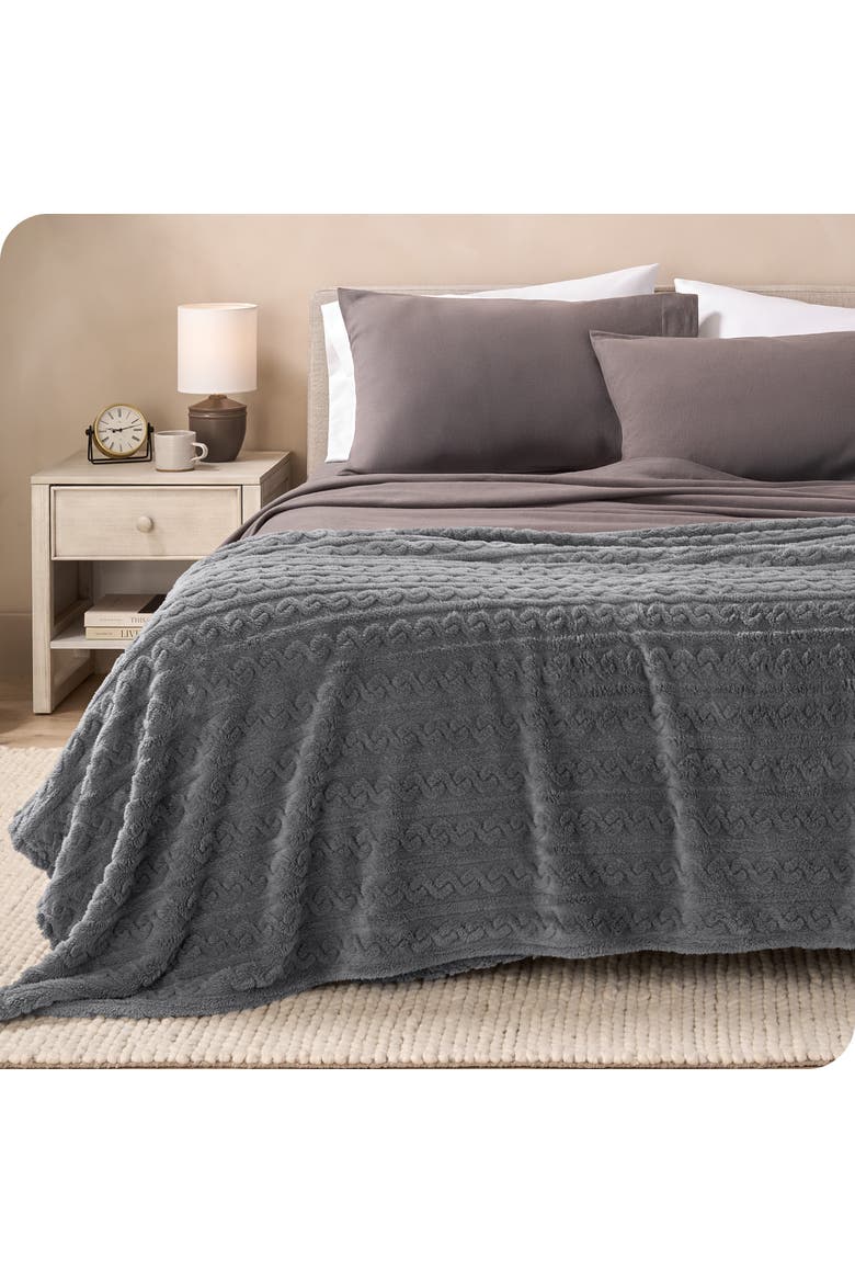Cable Faux Shearling Throw Blanket, Alternate, color, Grey