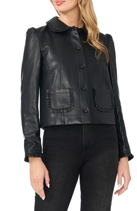 Crop Ruffle Trim Faux Leather Jacket