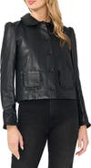 CeCe Crop Ruffle Trim Faux Leather Jacket