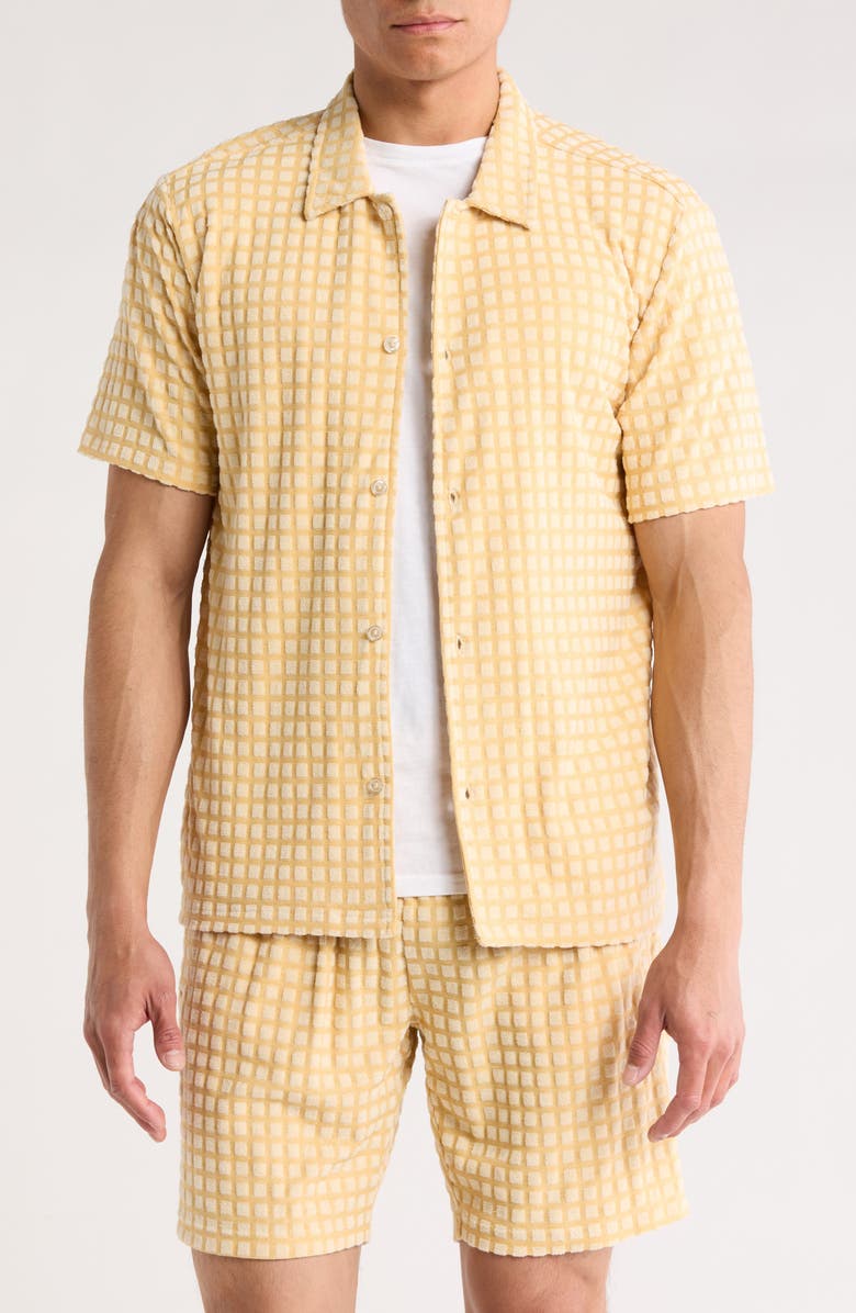 FLEECE FACTORY Box Cube Jacquard Short Sleeve Button-Down Shirt, Main, color, Yellow